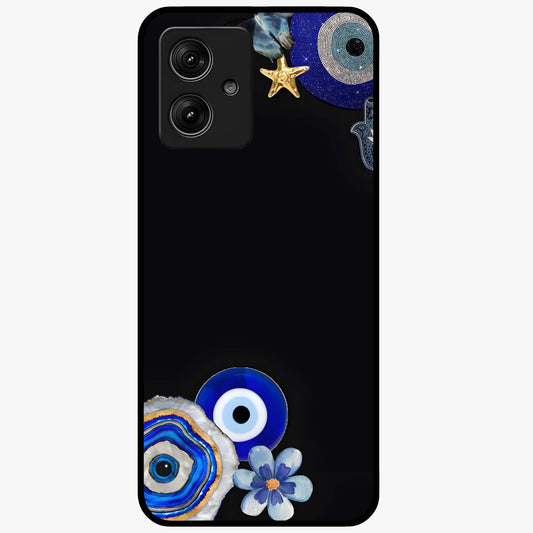 Aesthetic Blue Evil Eye Glass Case showing flat back view with protective evil eye artwork and glossy glass finish.