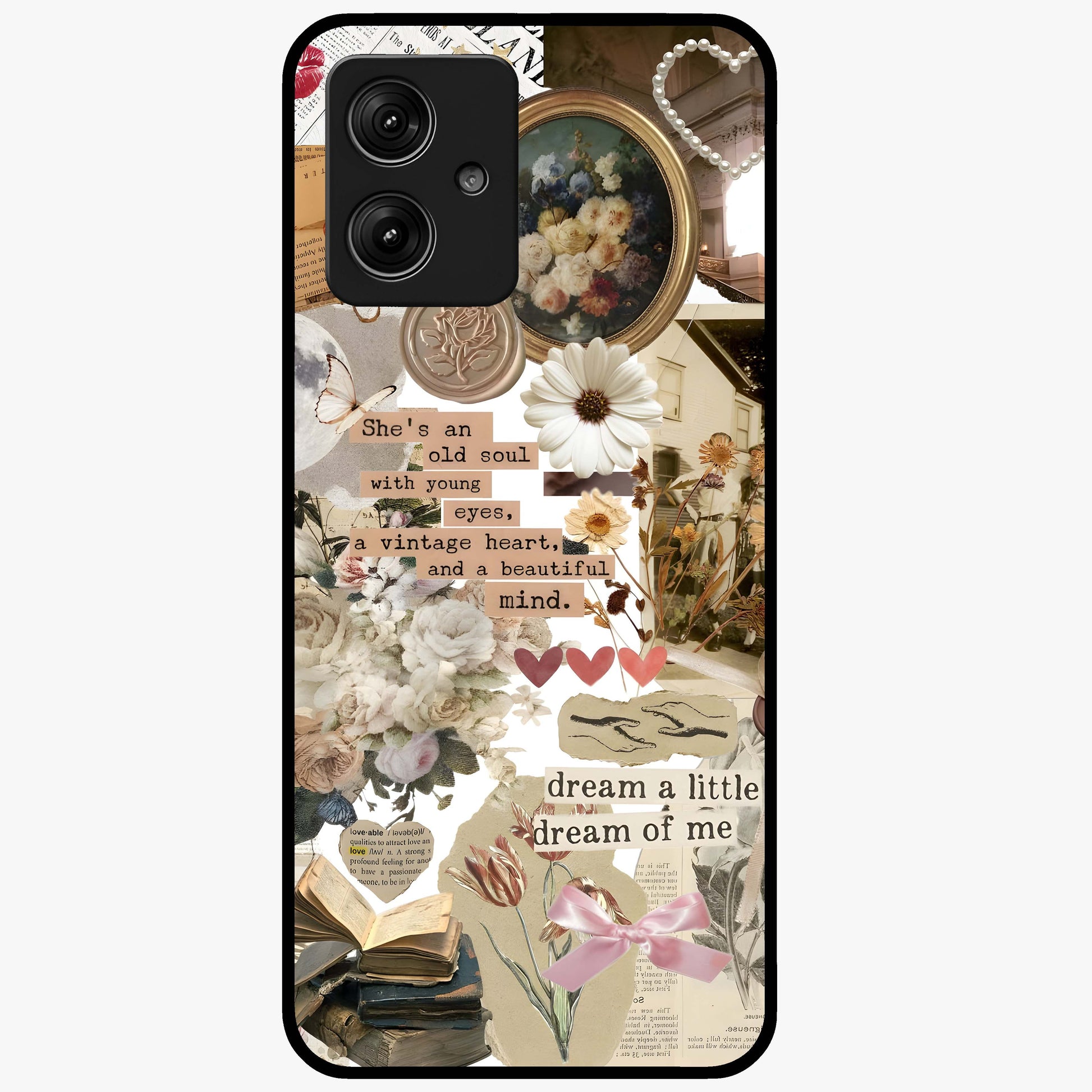 Aesthetic Brown Vintage Collage Glass Case showing flat back view with retro collage artwork and glossy glass finish.