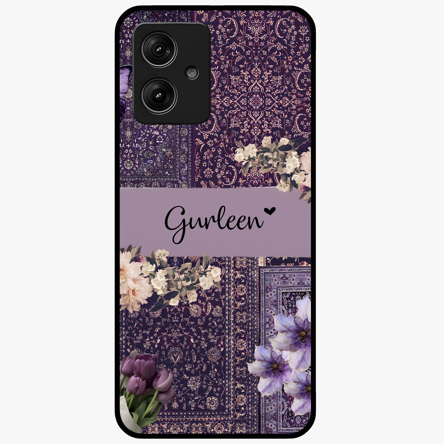 Antique Floral Whisper Custom Name Glass Case showing flat back view with vintage floral artwork and personalized name design.