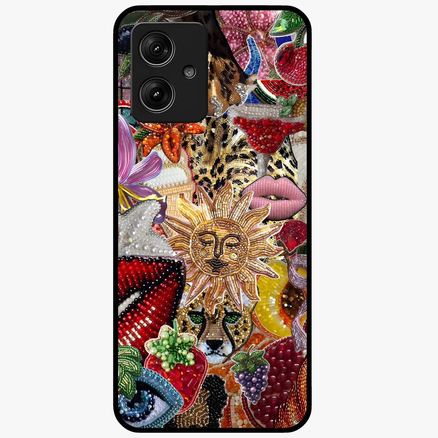 Beaded Fashion Jungle Glass Case showing flat back view with vibrant jungle inspired bead artwork and glossy glass finish.