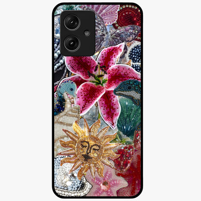Beaded Garden Fantasy Glass Case showing flat back view with dreamy garden bead artwork and glossy glass finish.
