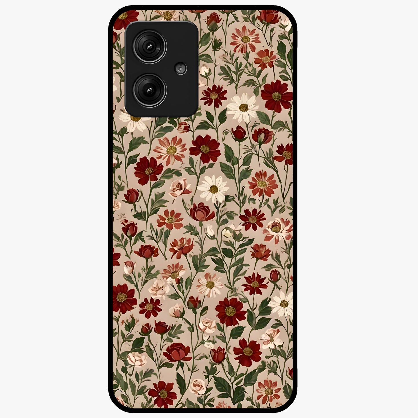 Biege Flower With Leaf Glass Case showing flat back view with soft beige floral artwork and glossy glass finish.