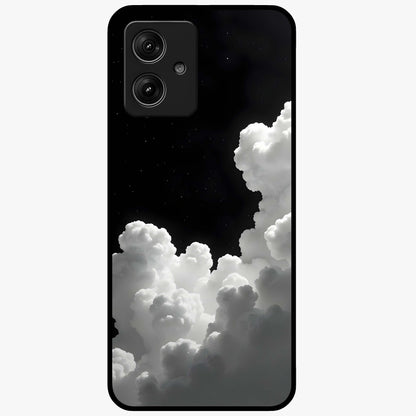 Black Background With White Cloud Glass Case showing flat back view with minimal cloud artwork on dark background and glossy glass finish.