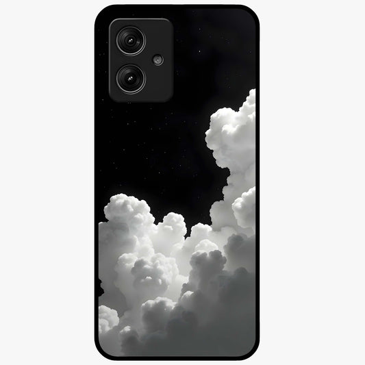 Black Background With White Cloud Glass Case showing flat back view with minimal cloud artwork on dark background and glossy glass finish.