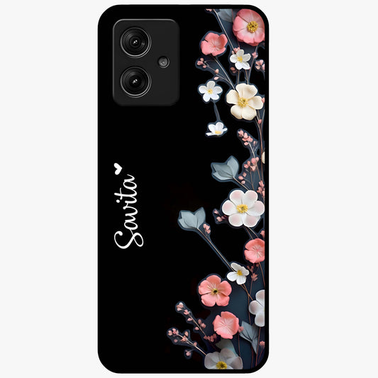 Black Elegance Floral Custom Name Glass Case showing flat back view with elegant floral artwork and personalized name design.