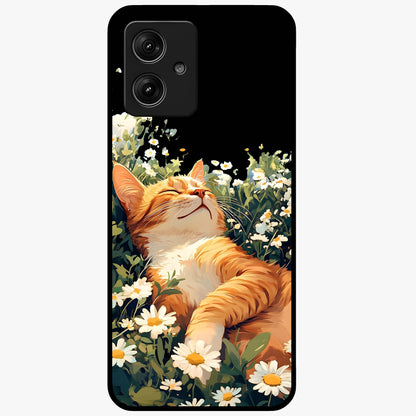Blissful Bloom Cat Glass Case showing flat back view with cute cat and floral bloom artwork and glossy glass finish.