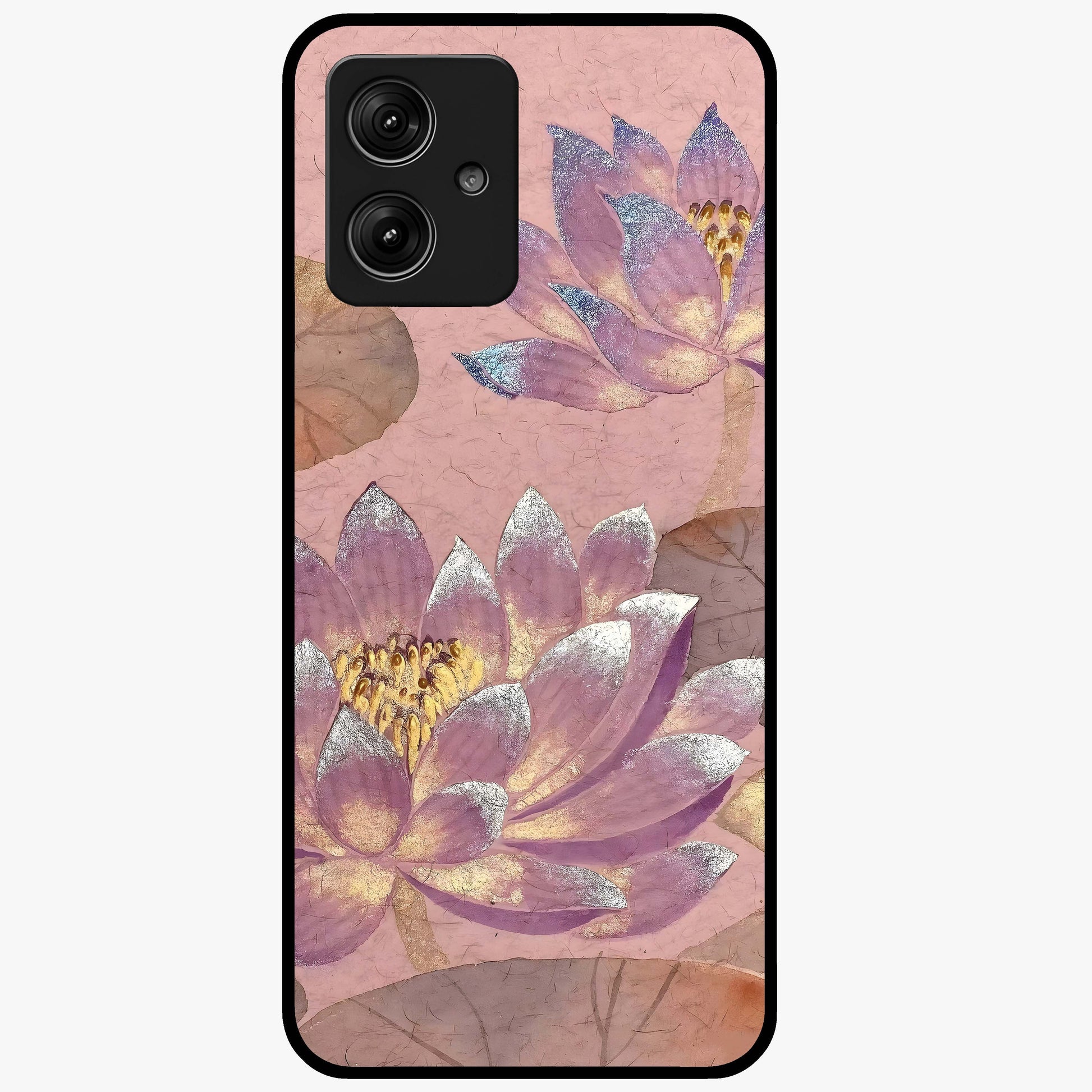 Blossom Mist Lotus Glass Case showing flat back view with serene lotus blossom artwork and glossy glass finish.