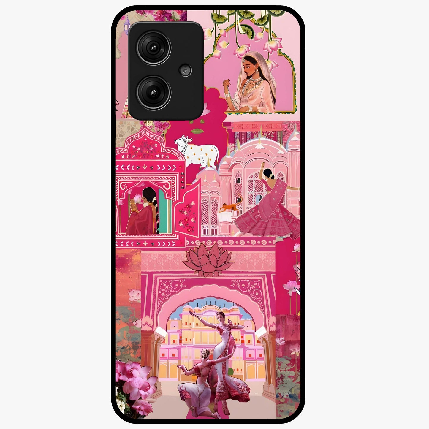 Blossoms of Rajasthan Glass Case showing flat back view with traditional floral artwork inspired by Rajasthan and glossy glass finish.