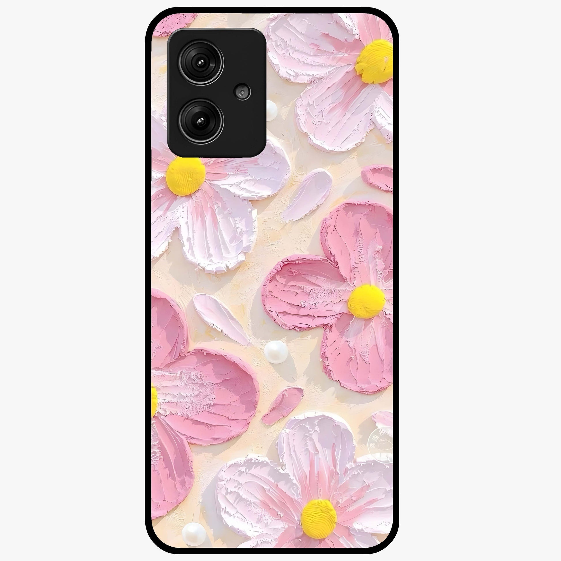 Blush Bloom Texture Glass Case showing flat back view with soft blush floral texture artwork and glossy glass finish.