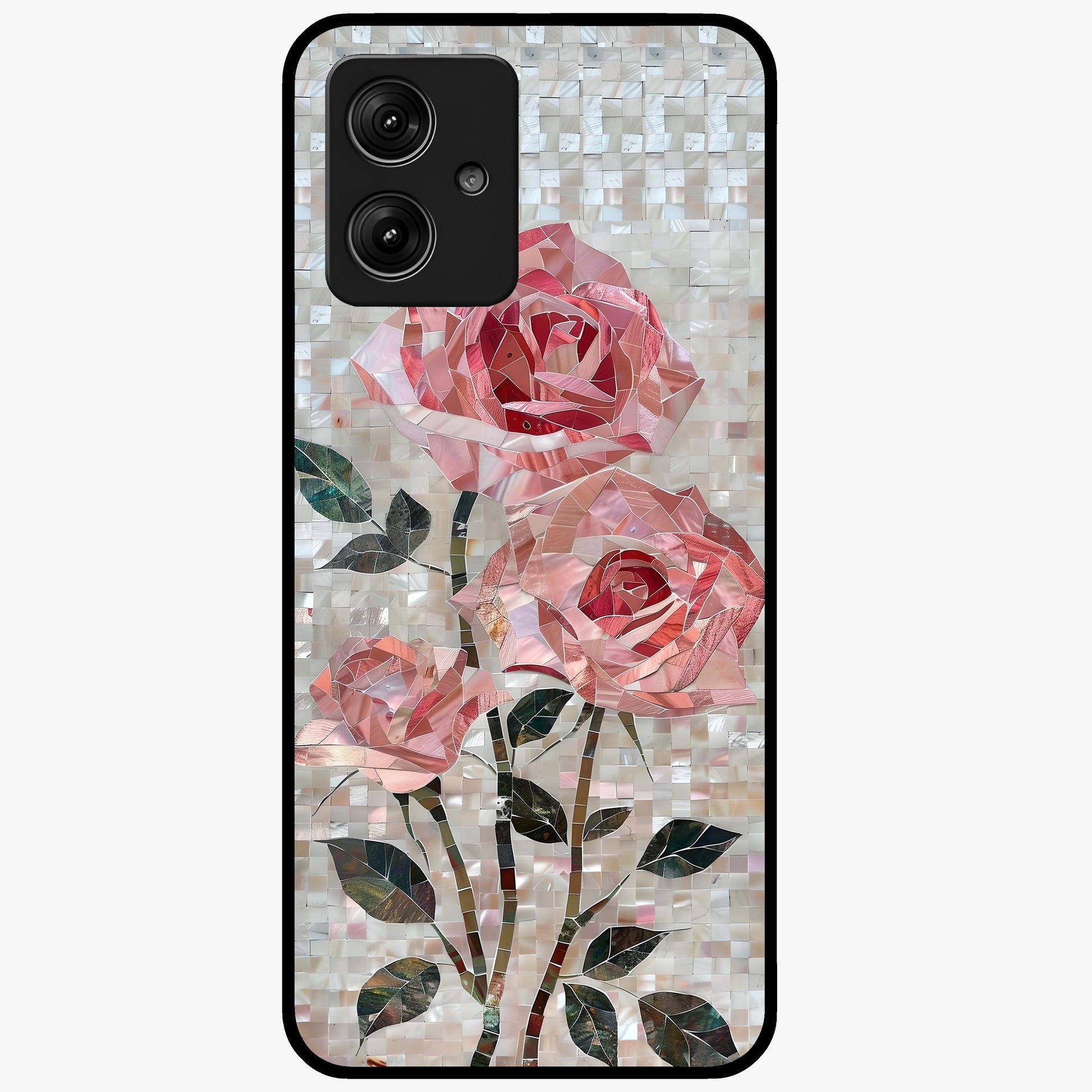 Blush Mosaic Bloom Glass Case showing flat back view with mosaic floral bloom artwork and glossy glass finish.