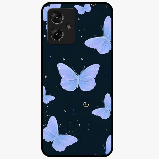 Butterfly With Stars Pattern Glass Case showing flat back view with butterfly and star pattern artwork and glossy glass finish.