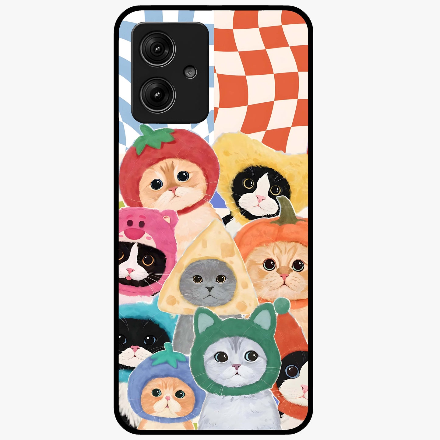 Cats in Fruits Glass Case showing flat back view with playful cat illustrations inside fruit artwork and glossy glass finish.