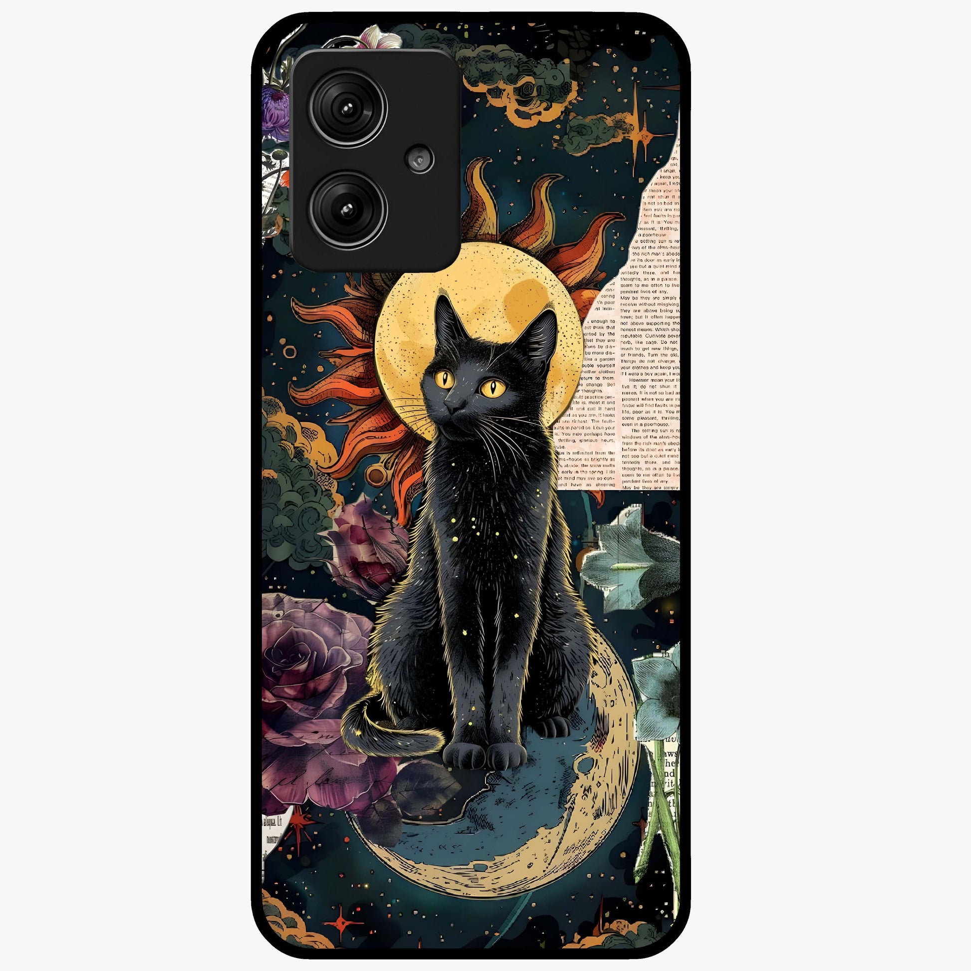 Celestial Black Cat Glass Case showing flat back view with mystical black cat artwork and glossy glass finish.
