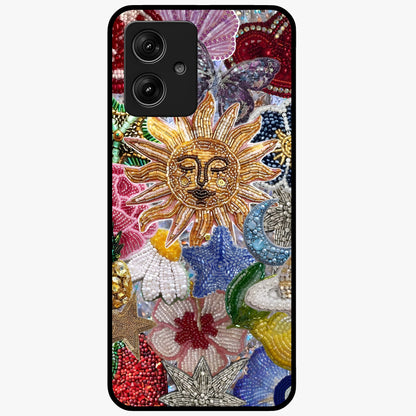 Celestial Floral and Playful Glass Case showing flat back view with floral and celestial themed artwork and glossy glass finish.