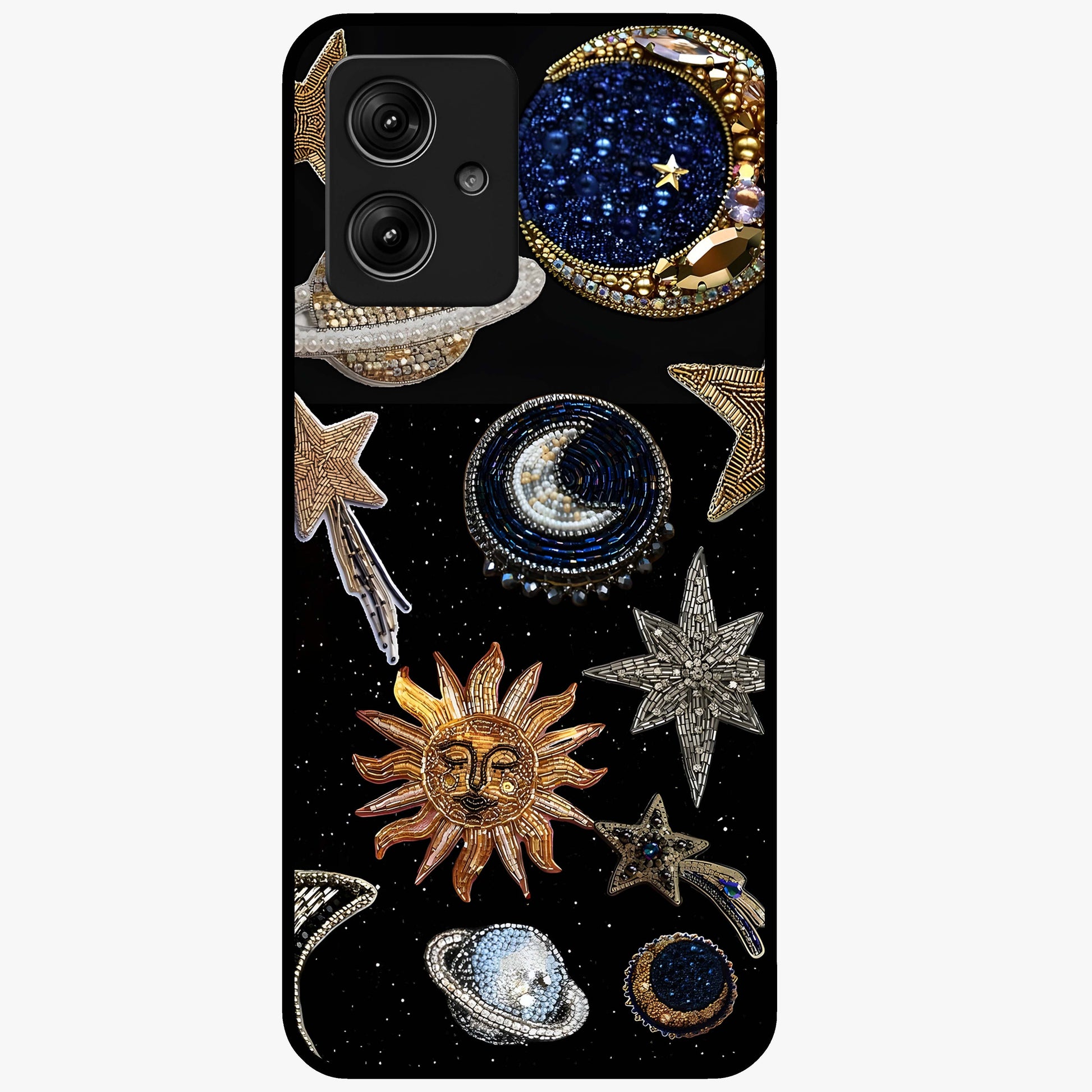 Celestial Gem Constellations Glass Case showing flat back view with sparkling constellation artwork and glossy glass finish.