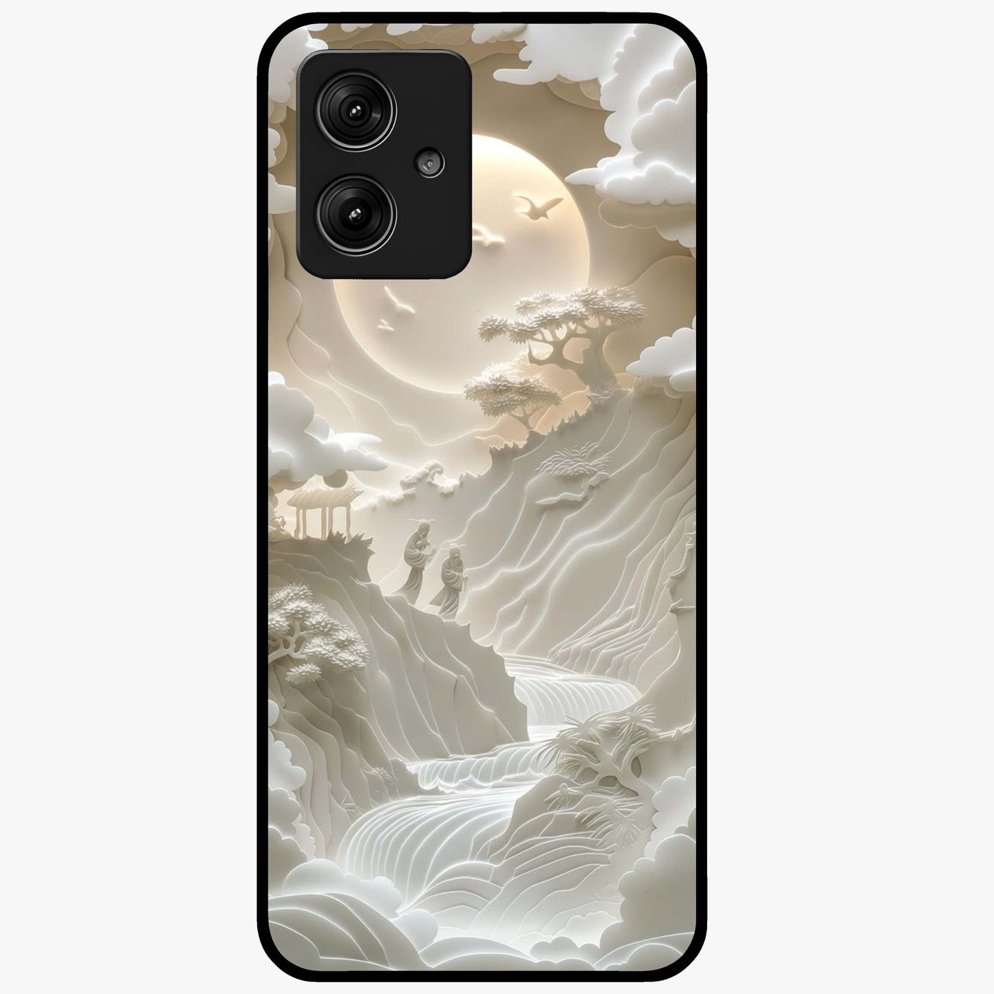 Celestial Origami Glass Case showing flat back view with artistic origami inspired celestial artwork and glossy glass finish.