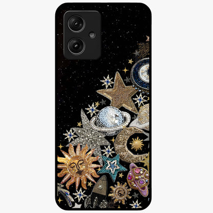 Cosmic Sparkle Dreams Glass Case showing flat back view with sparkling cosmic artwork and glossy glass finish.