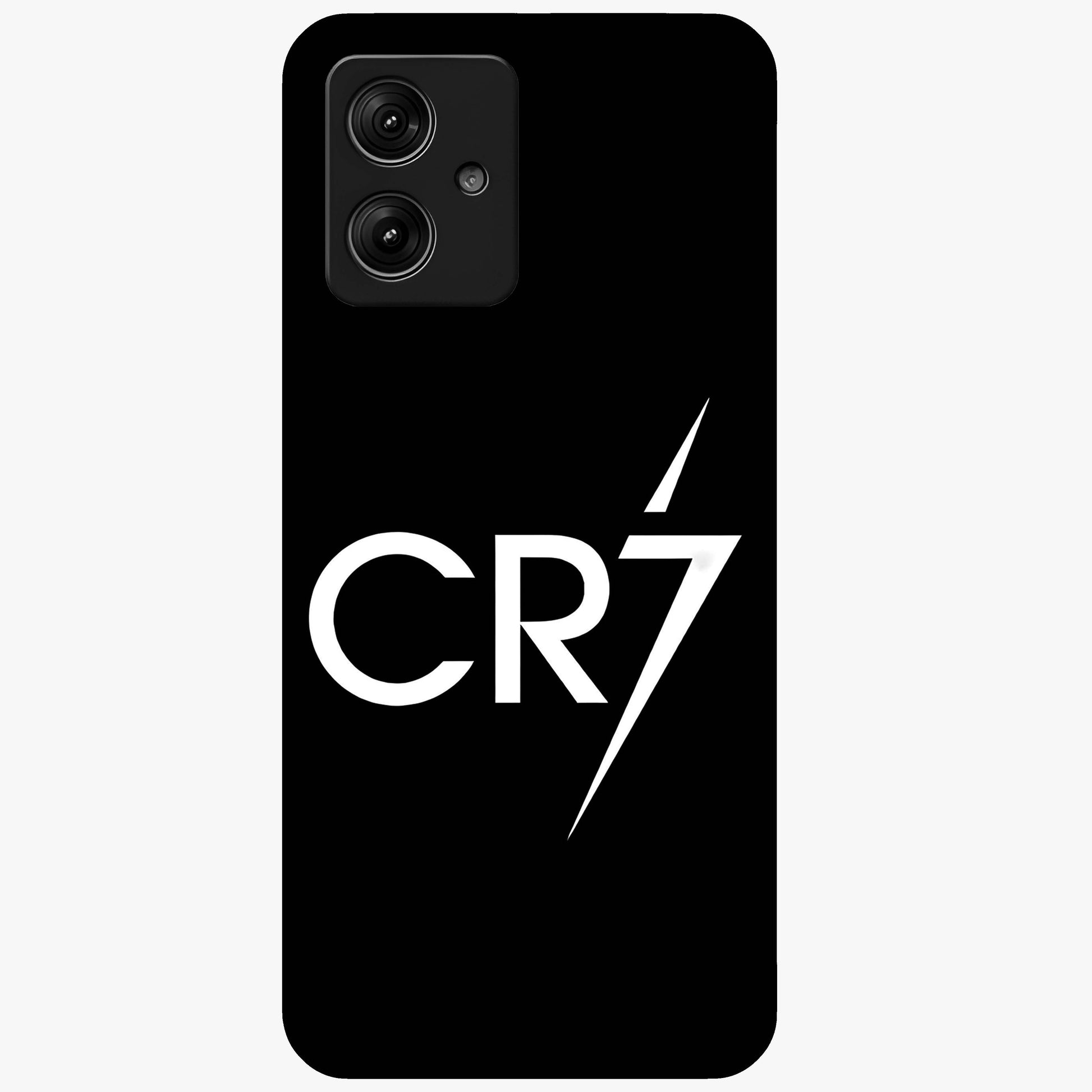 Cr7 Elite Strike Glass Case showing flat back view with dynamic football inspired artwork and glossy glass finish.