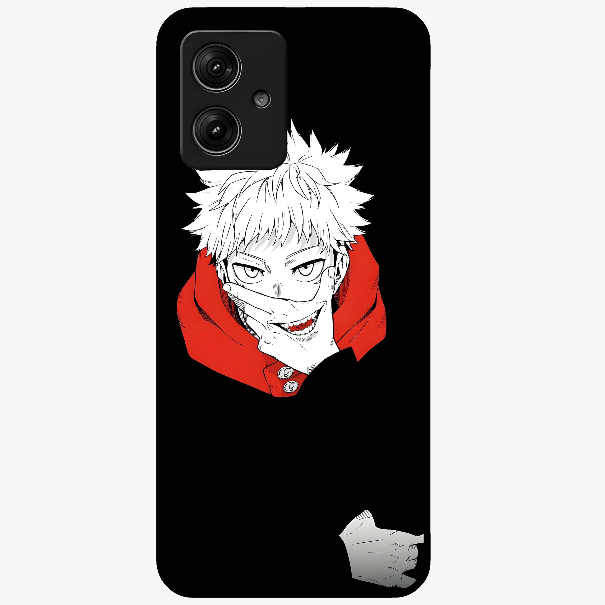 Crimson Chaos Smile Glass Case showing flat back view with bold chaotic smile artwork and glossy glass finish.