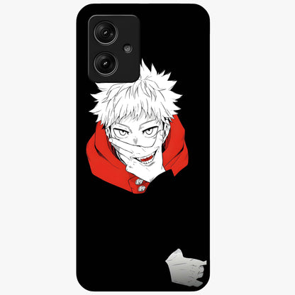 Crimson Chaos Smile Glass Case showing flat back view with bold chaotic smile artwork and glossy glass finish.