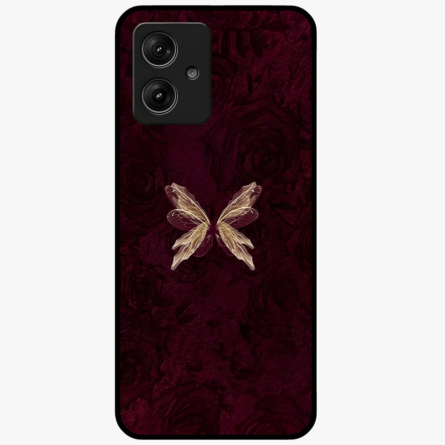 Crimson Fade Butterfly Glass Case showing flat back view with fading butterfly artwork and glossy glass finish.