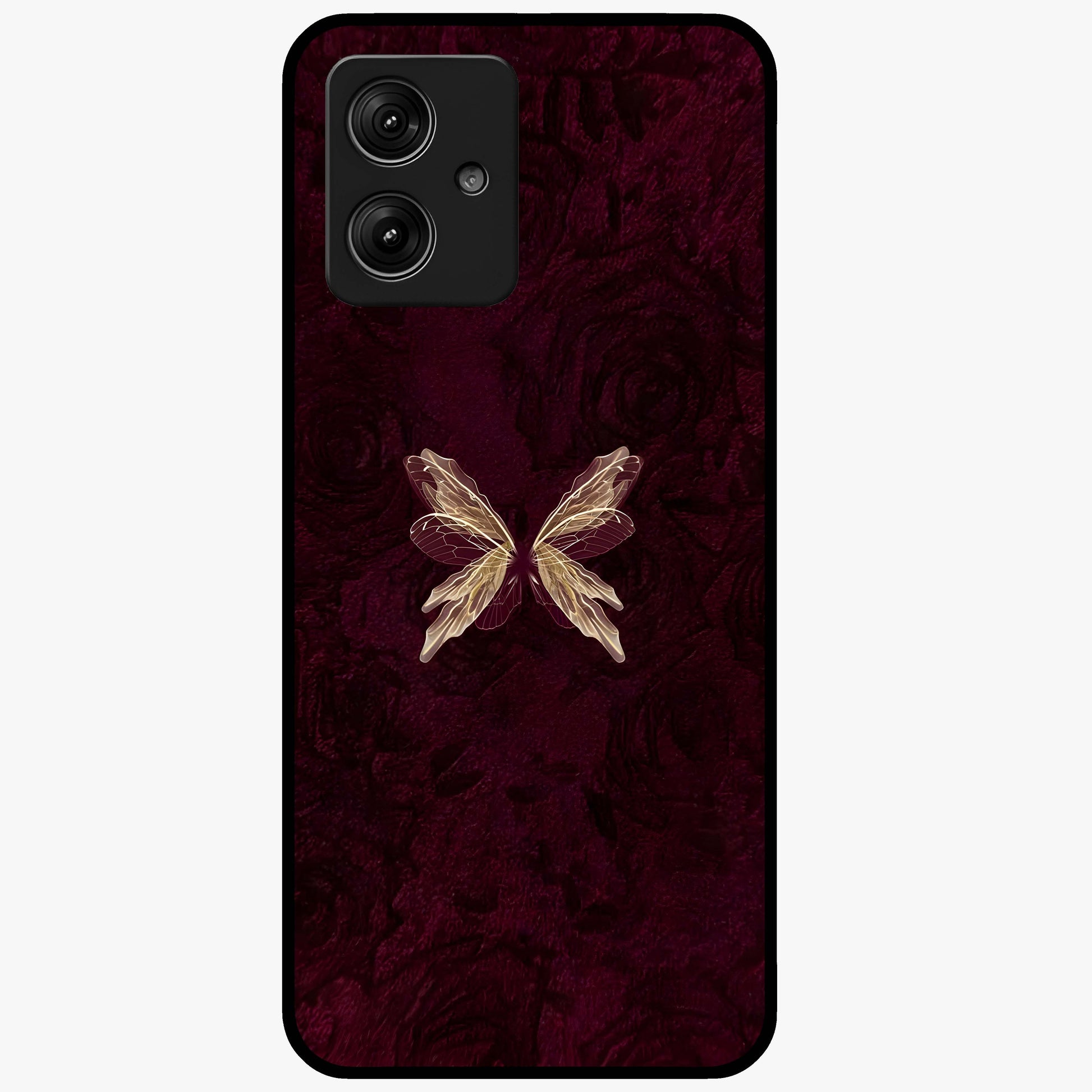 Crimson Fade Butterfly Glass Case showing flat back view with fading butterfly artwork and glossy glass finish.