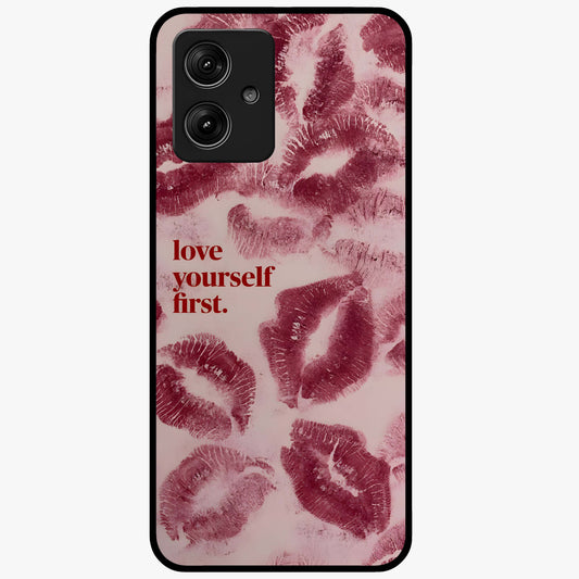 Crimson Kiss Love Glass Case showing flat back view with romantic crimson themed artwork and glossy glass finish.