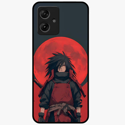 Crimson Moon Warlord Glass Case showing flat back view with mystical moon warrior artwork and glossy glass finish.