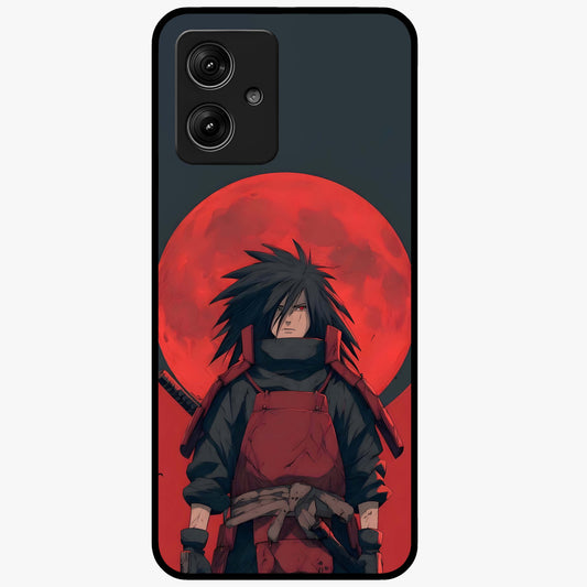 Crimson Moon Warlord Glass Case showing flat back view with mystical moon warrior artwork and glossy glass finish.