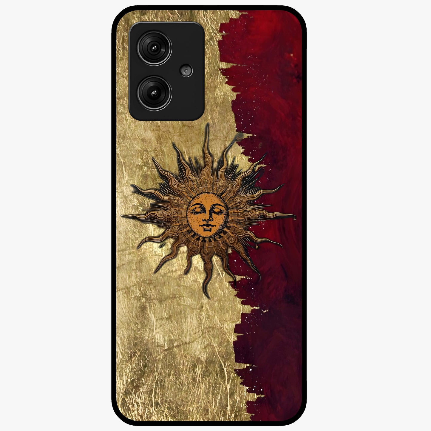 Crimson Sun Majesty Glass Case showing flat back view with radiant sun inspired artwork and glossy glass finish.