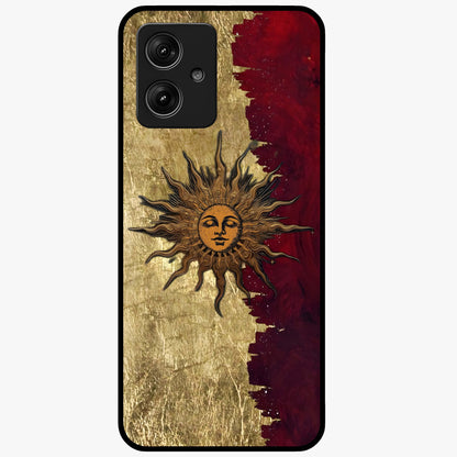 Crimson Sun Majesty Glass Case showing flat back view with radiant sun inspired artwork and glossy glass finish.