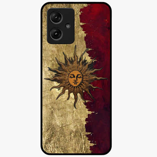 Crimson Sun Majesty Glass Case showing flat back view with radiant sun inspired artwork and glossy glass finish.