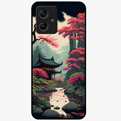 Crimson Temple View Glass Case showing flat back view with temple inspired artwork and glossy glass finish.