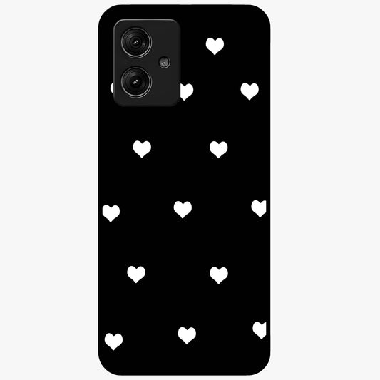Cute And Simple White Hearts Glass Case showing flat back view with minimal white heart pattern and glossy glass finish.