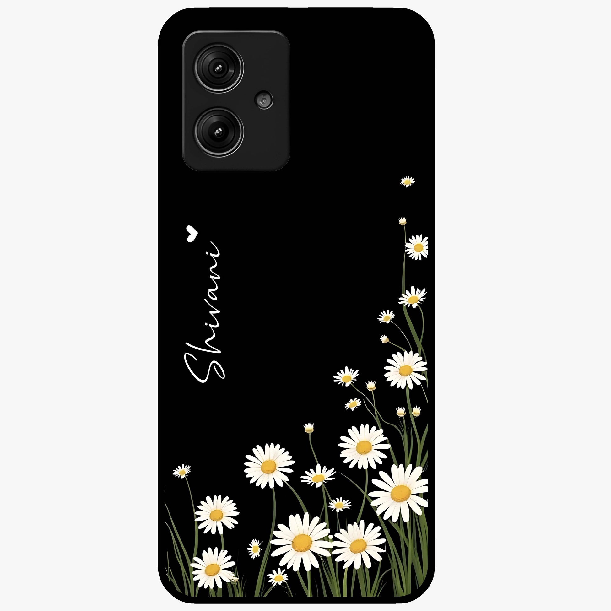 Daisy Cascade Custom Name Glass Case showing flat back view with cascading daisy flowers and personalized name design.