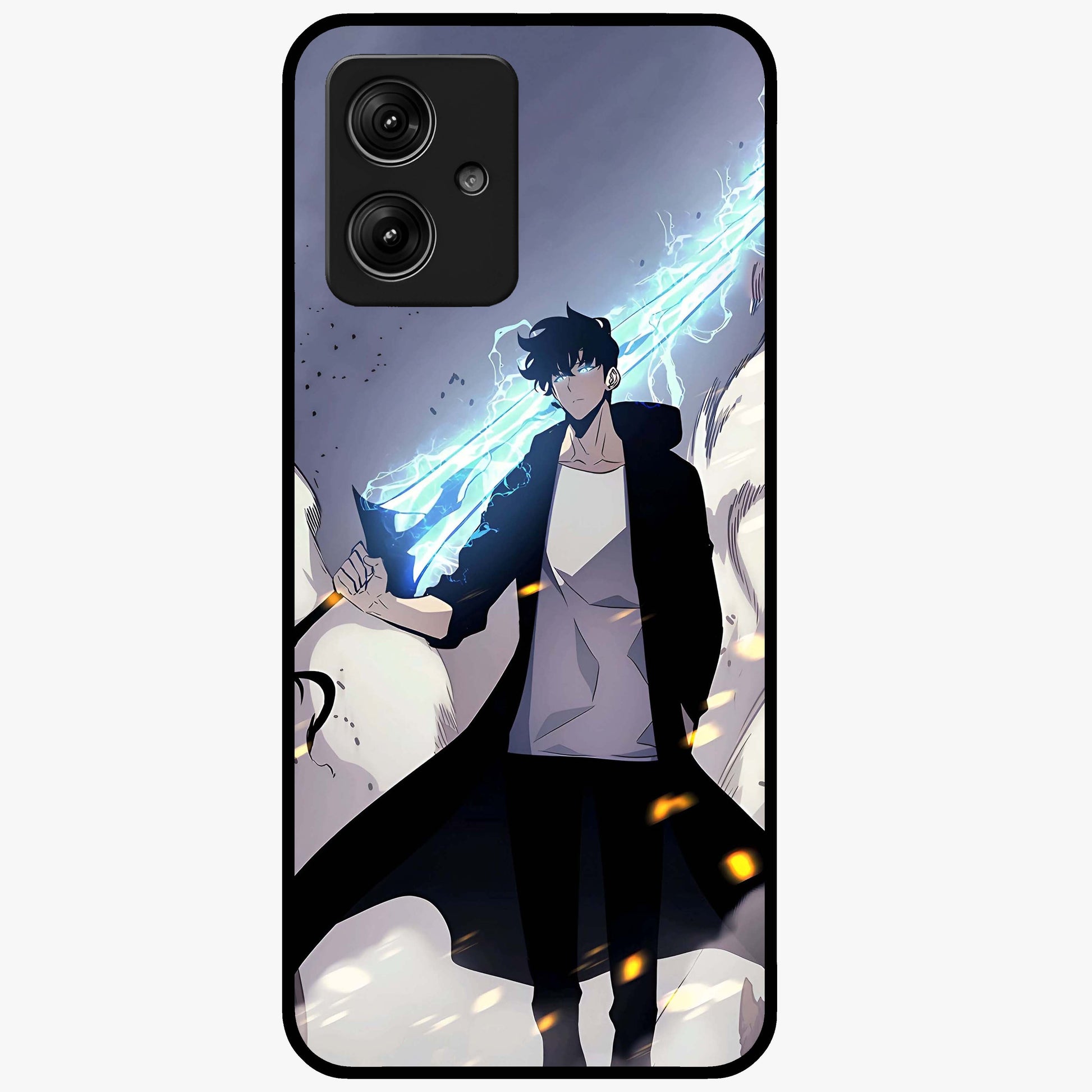 Dark Lightning Anime Warrior Glass Case showing flat back view with intense anime warrior artwork and glossy glass finish.