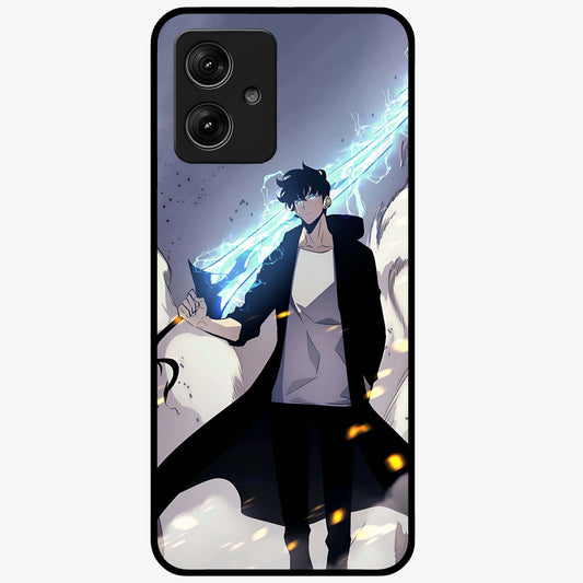 Dark Lightning Anime Warrior Glass Case showing flat back view with intense anime warrior artwork and glossy glass finish.