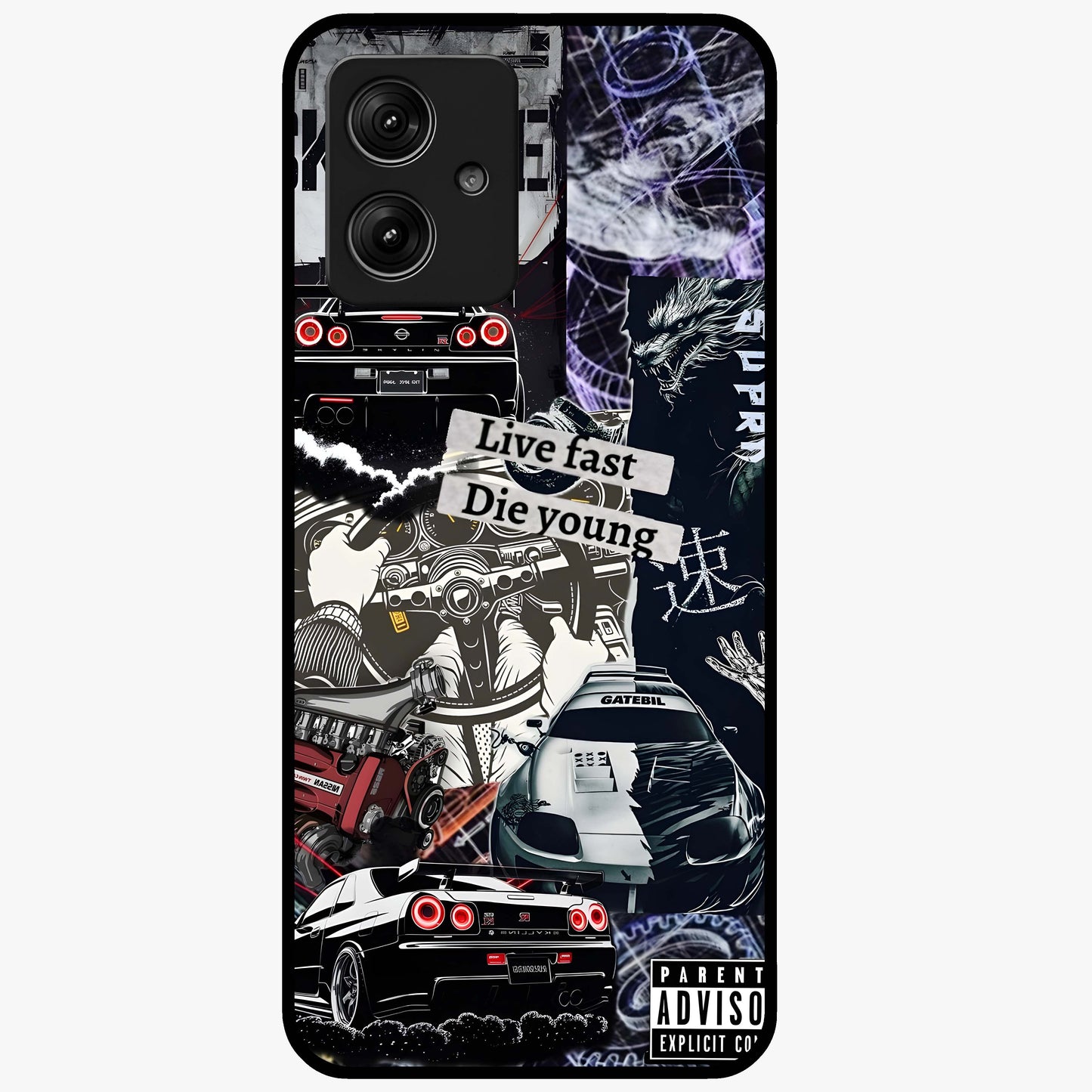 Die Young Glass Case showing flat back view with bold artistic typography design and glossy glass finish.
