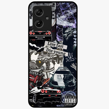 Die Young Glass Case showing flat back view with bold artistic typography design and glossy glass finish.