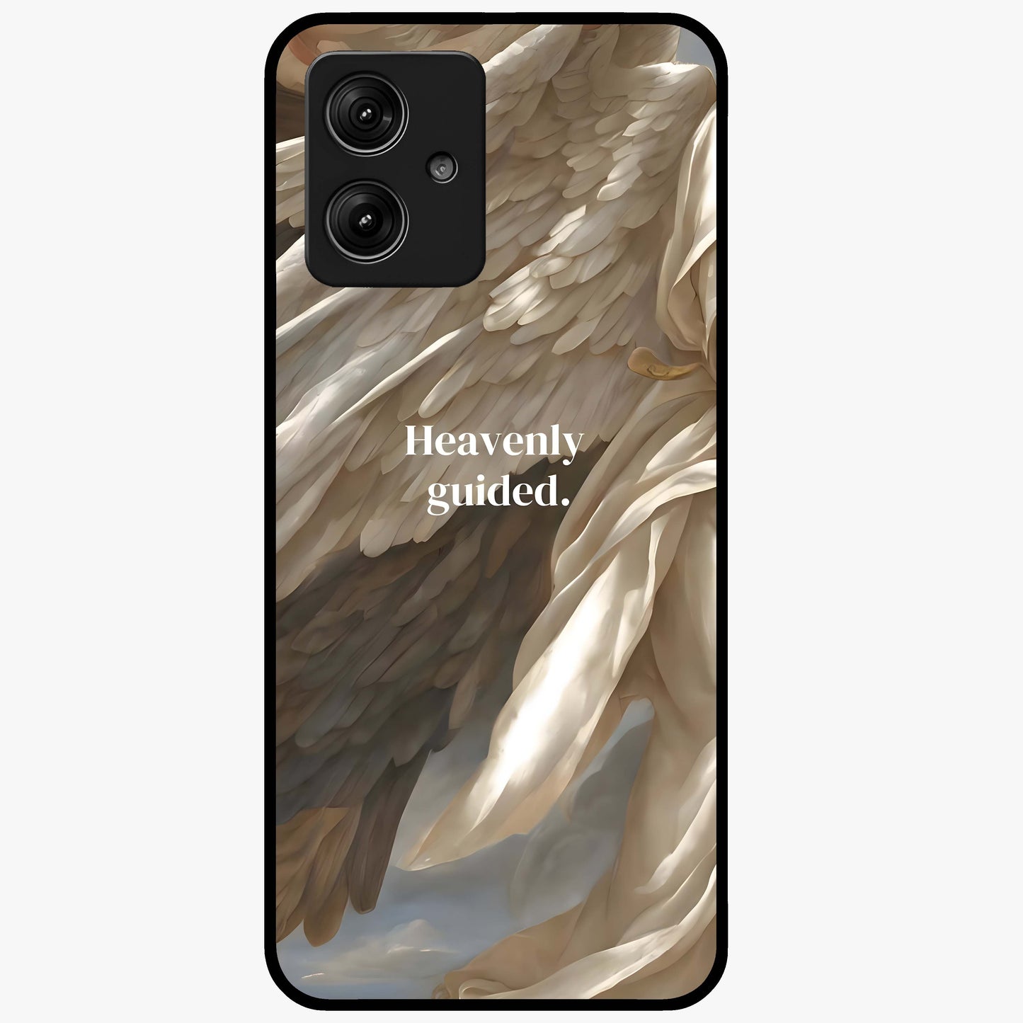 Divine Winged Grace Glass Case showing flat back view with elegant wing inspired artwork and glossy glass finish.