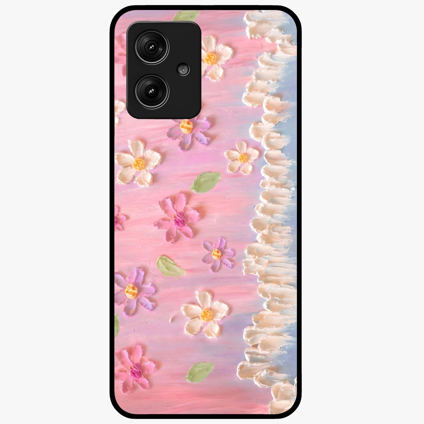 Dreamy Painted Garden Glass Case showing flat back view with artistic painted floral garden artwork and glossy glass finish.