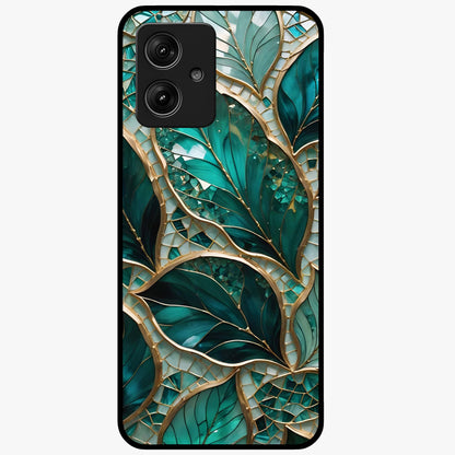 Emerald Leaf Glass Glass Case showing flat back view with emerald green leaf artwork and glossy glass finish.