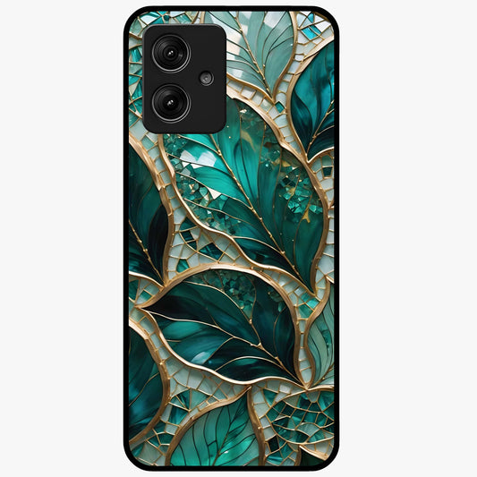 Emerald Leaf Glass Glass Case showing flat back view with emerald green leaf artwork and glossy glass finish.