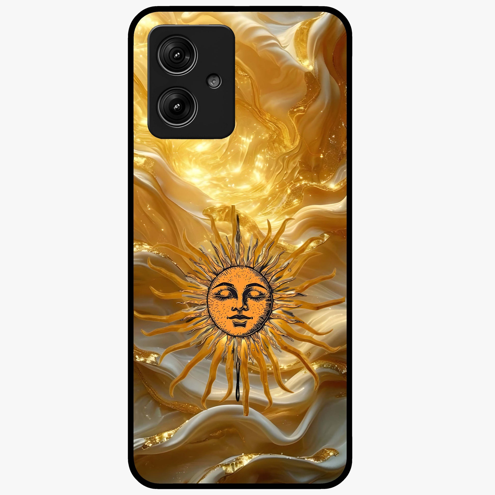 Eternal Golden Glow Glass Case showing flat back view with radiant golden themed artwork and glossy glass finish.
