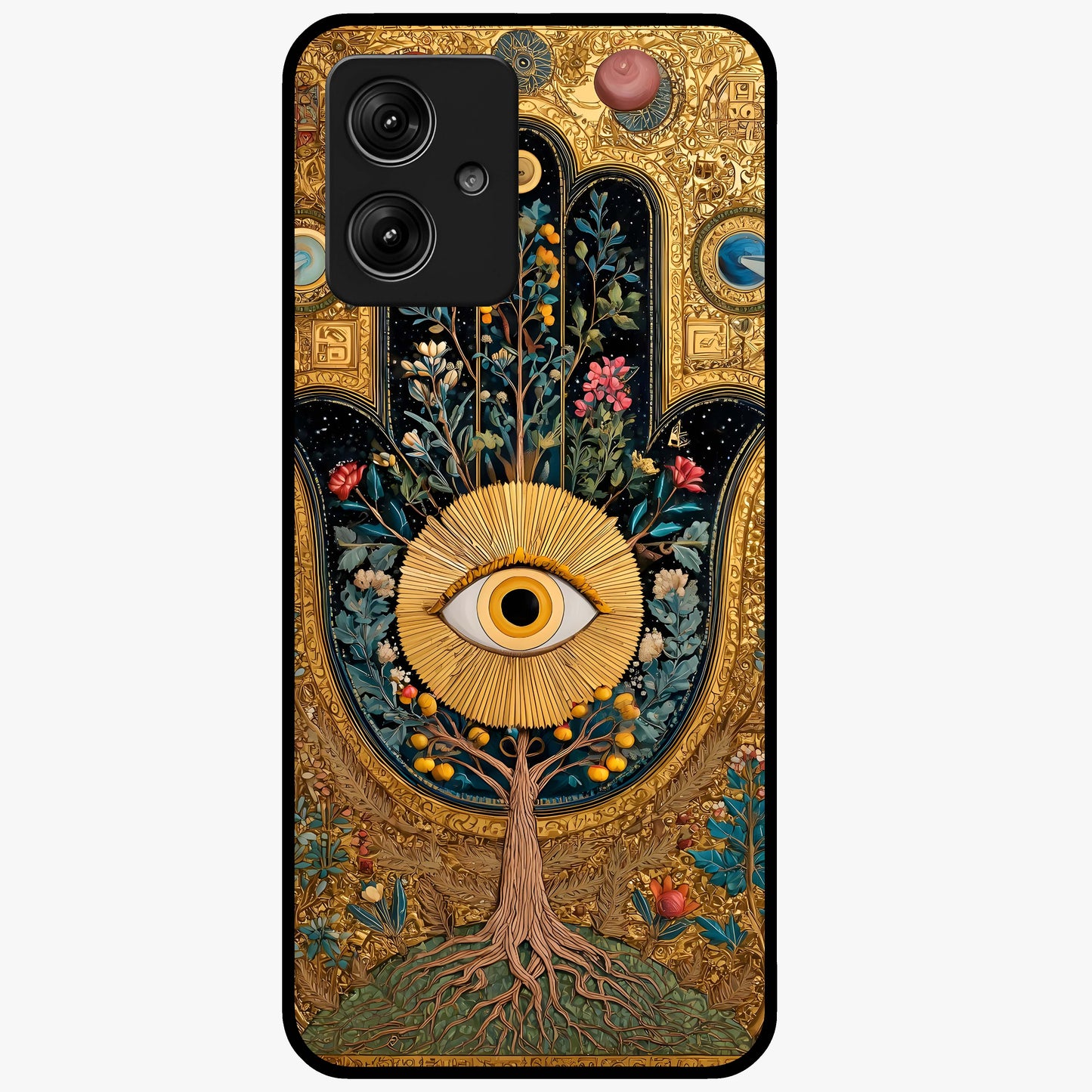Ethereal Evil Eye Glass Case showing flat back view with mystical evil eye artwork and glossy glass finish.