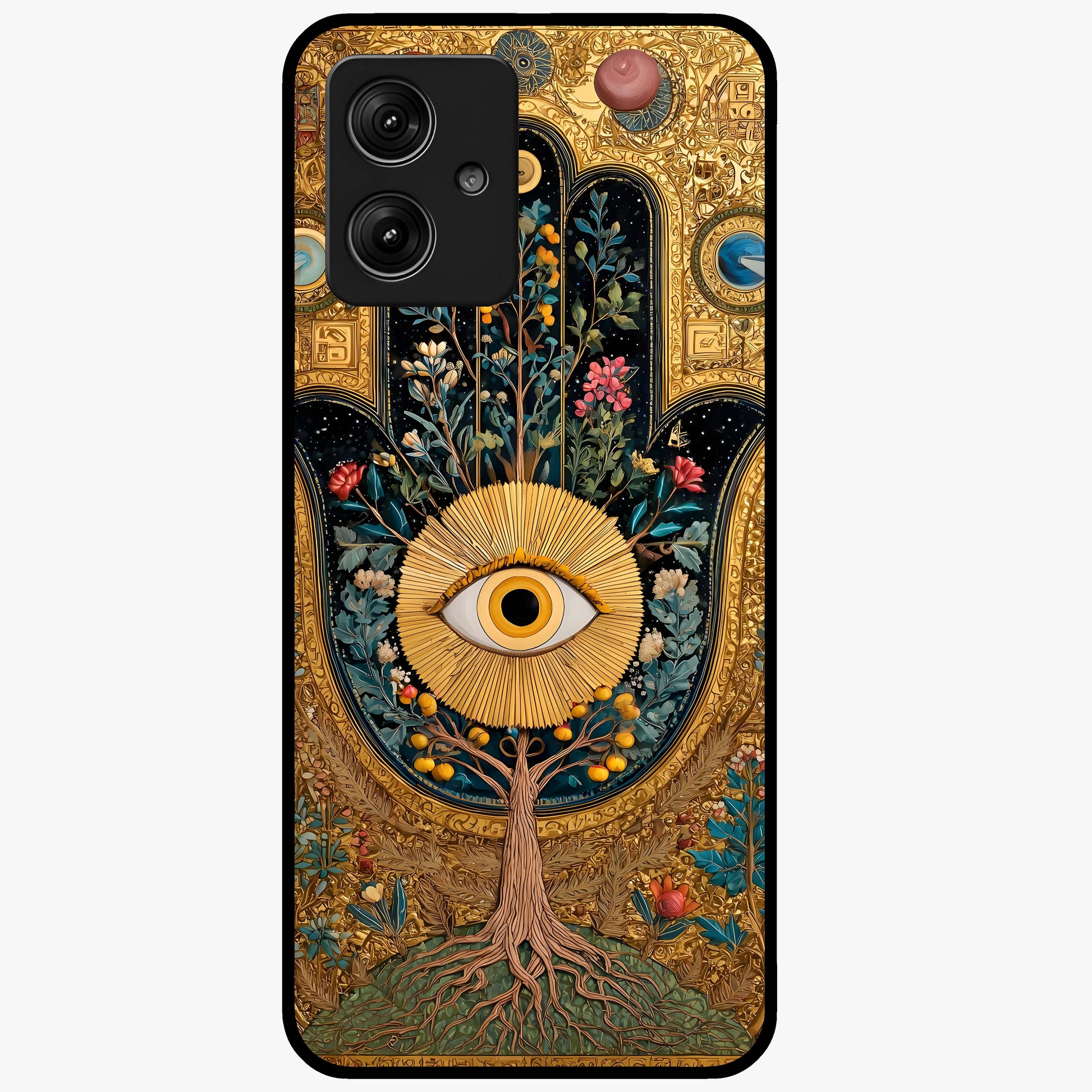 Ethereal Evil Eye Glass Case showing flat back view with mystical evil eye artwork and glossy glass finish.
