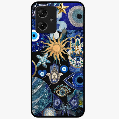 Evil Eye Charm Mix Glass Case showing flat back view with multiple evil eye charms artwork and glossy glass finish.