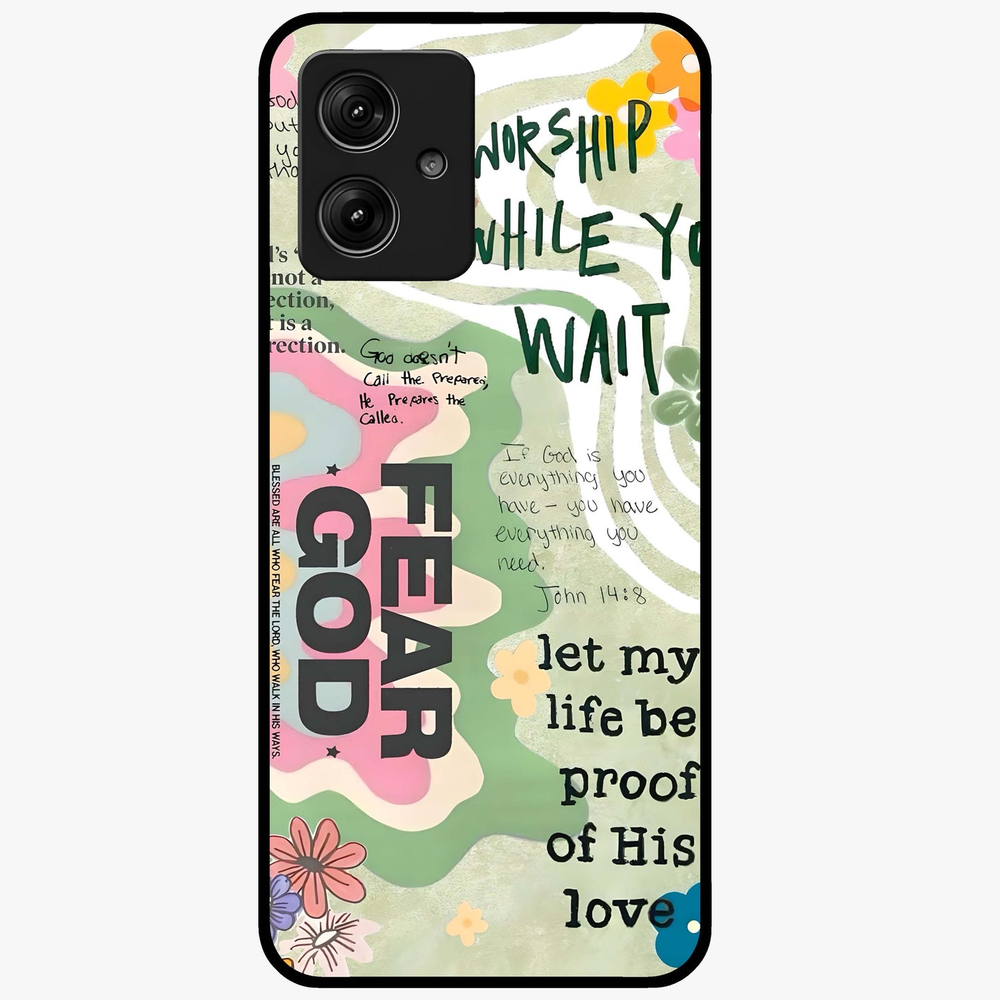 Faith Over Fear Glass Case showing flat back view with motivational typography artwork and glossy glass finish.