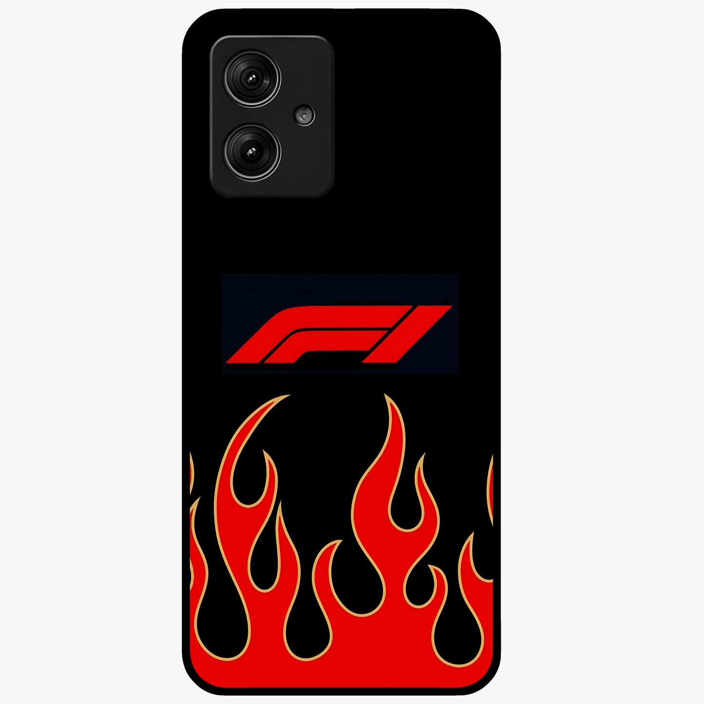 Fire F11 Glass Case showing flat back view with fiery themed artwork and glossy glass finish.