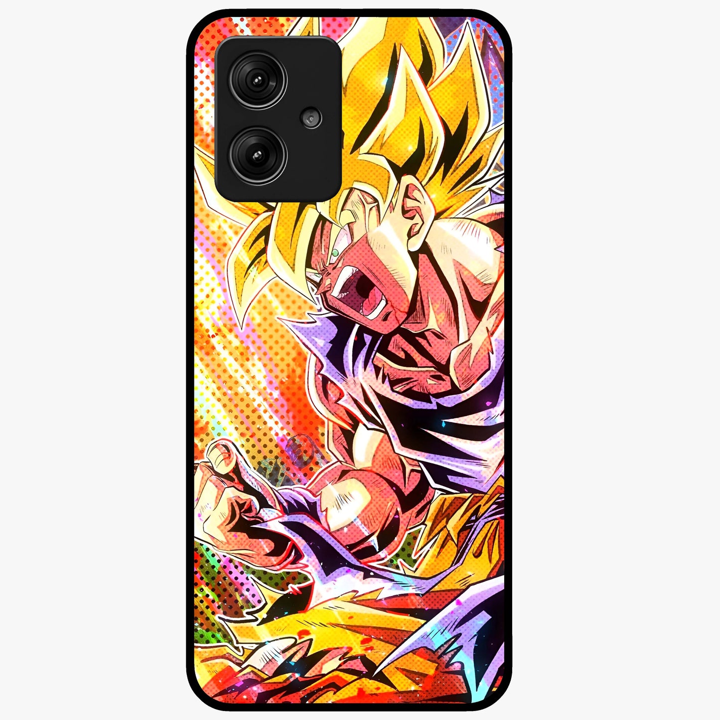 Firing Goku Glass Case showing flat back view with powerful anime inspired artwork and glossy glass finish.